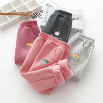 Korean childrens sports pants autumn and winter girls plus velvet casual pants female baby fleece velvet warm pants wear long pants