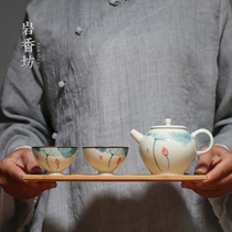 Yan Xiangfang hand-painted lotus one pot two cups of Kung Fu tea set Teapot small set Household portable ceramic gift box