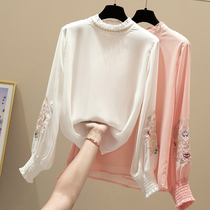 Korean style stand-up collar loose embroidery Chiffon shirt womens long-sleeved 2020 autumn new womens all-match base shirt