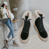 Autumn winter plus suede Martin boots woman 100 hitch genuine leather hair wool thick bottom short boots Hemp Weave Bottom Rabbit Fur Warm Thickened Snowy Boots