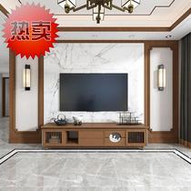 Solid wood line decorated living room e New Chinese style TV sofa Background wall frame Wood Bar style One