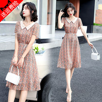 Short sleeve printed one-piece dress 2021 Summer gentleness and sweetness Doll Collar Temperament High-end Pink Fairy Skirt