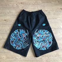  Cloud decoration totem original design womens five-point pants national style hand-embroidered old satin Tuanlong wide-legged shorts