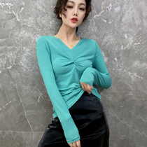 Europe Station 2020 Spring Dress New Cross Kinder V Collar T-shirt Woman Long Sleeve Foreign Pistes 100 Hitch Bottom Jersey Blouse