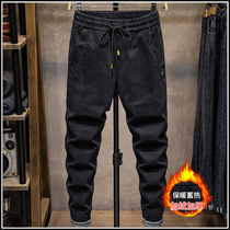2021 plus velvet padded jeans mens loose straight Korean trend elastic waist slim long pants