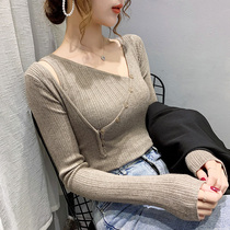 2020 Autumn New Korean Net red careful machine sexy clavicle strapless shirt female slim knitted sweater