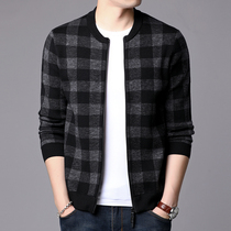 Plaid shirt mens spring and autumn jacket loose knit jacket baseball collar knitted cardigan long sleeve zipper knit sweater tide