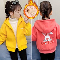 Girls plus fleece jacket 2022 autumn new childrens tops outside wearing foreign air thick childrens hooded sweatshirt cartoon