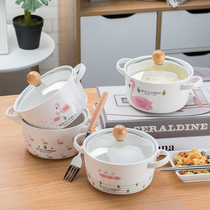 Nordic Ins Fire Spirits Ceramic Foam Noodle Bowl with lid Double ear Bowl Dormitory Student Rice Bowls Sweet Bowl Soup Bowl salad