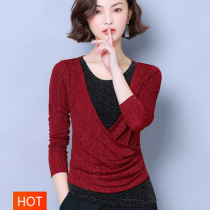 Fake two-piece square dance top Bright silk yarn ballroom dance long-sleeved dance practice suit Womens national standard dance Latin dance suit