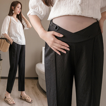 Pregnant women low waist leggings summer cotton linen pants summer thin wear professional wear trousers summer pregnancy ankle-length pants