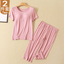 Summer Modale integrated with chest cushion short sleeve seven-minute pants female pyjamas bra-free casual home for two suits