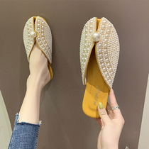 Baotou Half slippers female outside wearing 2022 new summer net red fish mouth cool Drag flat bottom pearl Semi-toSingle shoes
