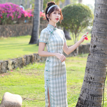 Cheongsam 2021 new spring and summer long retro plaid temperament improved version dress young women summer often