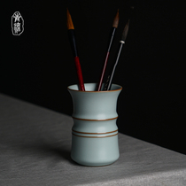 Ru kilo pen holder ceramic handmade retro book house porcelain Jingdezhen Ru porcelain ice cracked glaze gift box with cicadas winged blue porcelain
