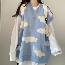 Two-piece suit womens Machia Han Wind Chic Blue Sky white cloud knit sleeveless sweater with a white long sleeve T-shirt