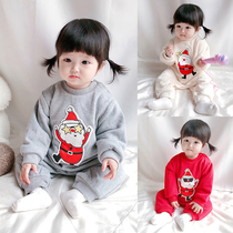 Baby jumpsuit winter plus velvet warm Christmas clothes baby ha clothes go out 0-6-12 months red tide