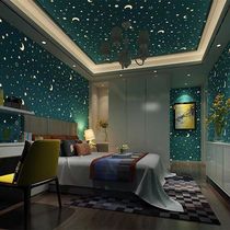3D cartoon childrens room non-woven wallpaper luminous stars and Starry Sky Moon boys and girls bedroom roof fluorescent wallpaper