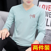 Undershirt man long sleeve t-shirt v collar blouses pure cotton mens clothing autumn clothes compassionate Lower spring clothing white body slim fit