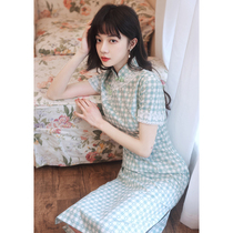 Green Plaid Cheongsam 2021 New Young Girls Improved Waist Dress Long hipster Summer