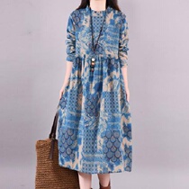 2021 new womens literary print skirt casual large size loose long sleeve cotton linen long dress