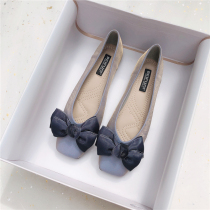 Small fragrant wind single shoe woman flat bottom 2021 new spring style butterfly knot square head working shoes shallow mouth 100 hitch soft underfoot shoe