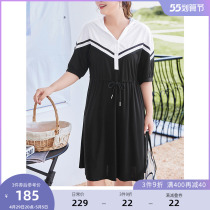 MSShe big code womens dress 2022 new summer dress Fat mm Lianhood casual long dress drawing rope to collect waist knit dress