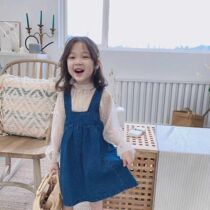 Girls 2021 autumn new children Korean personality tone soft lace t-shirt denim veil two-piece set