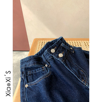 Little Shijia) Spring Summer 2022 Womens Dress Dark Blue Casual High Waist Wide Leggings Pants Wave Loose Straight Cylinder Slim Fit Jeans
