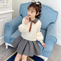 Korean girl set 2021 New Autumn Winter children Super foreign air long sleeve knitted sweater short skirt two-piece tide