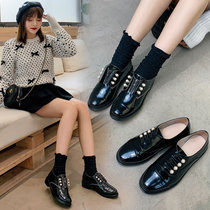 2022 Spring new female shoes Minyu Tongyu Lacquer Leather Pearl and America Inn Wind Breeze Flat Leather Shoes Single Shoes Casual Shoes