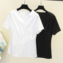 Europe Station 2022 Spring Summer New Cotton White T-Shirt Woman Design Sensation Slim Open Fork Short Sleeve Blouse