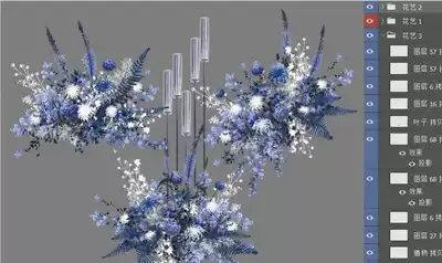 Wedding hand-painted material Blue White light blue haze blue dark blue floral renderings design glass column psd layered