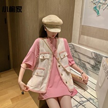Temperament small fragrant wind suit 2019 summer tweed vest short sleeve hole T-shirt new fashion two-piece female
