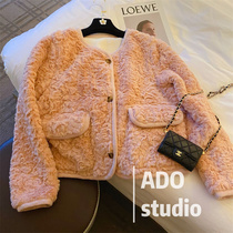 Lamb wool V neckline with short coat woman 2022 spring autumn new thickened round collar fur blouse with sweatshirt