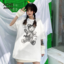 ACHS AWAKE spring and summer trend dark bear short sleeve national tide Summer men and women loose leisure couple T-shirt