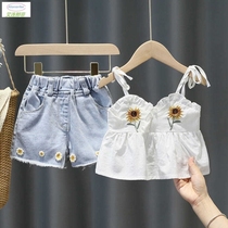 Girls camisole set summer belt new girl child Net Red foreign air jacket denim shorts two pieces