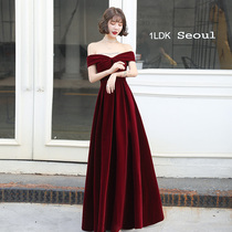 Bride wedding toast 2021 new summer wine red shoulder velvet noble temperament evening dress long