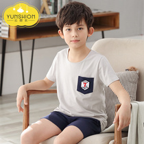 Childrens pajamas summer thin boys pure cotton boys short-sleeved middle and large children 12-15 years old summer cotton air conditioning clothes