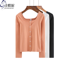 Spring and Autumn New Korean slim slim square collar cotton padded cardigan long sleeve body shirt top solid color womens T-shirt