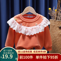 Girls fleece sweater 2022 autumn and winter childrens thickened foreign style cute cartoon cartoon lace collar baby shirt trend