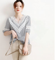 Korean version 2021 summer new lace top womens mid-sleeve V-neck temperament wild loose cover headline pattern shirt women