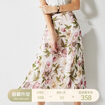 U N Q romantic love temperament printed pure mulberry silk medium long drifting skirt with silk Joe skirt female