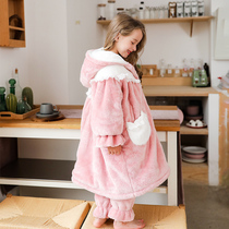 Childrens coral velvet pajamas autumn and winter plus velvet thickened girl flannel home clothing set long middle child