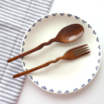Personality solid wood spoon Fork two-piece set unique wave spoon handle large spoon Fork adult tableware set wide mouth big spoon