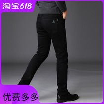 A really non-falling pure black mens jeans mens straight fit straight up and loose and thick fall pants.
