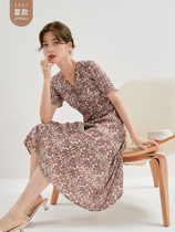 Seven Volume One cut small red brown French v-neck floral skirt dress women 2021 summer new 0525