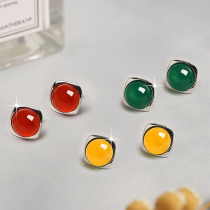 Natural yellow Agate S925 sterling silver stud earrings 18K gold temperament earrings inlaid with red agate green agate ear jewelry