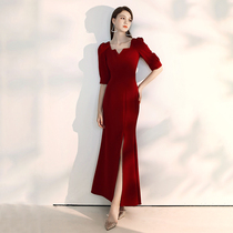 Fishtail toast dress bride slim-fit burgundy long-sleeved wedding host evening dress skirt women can usually wear thin