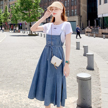 Denim Dress Dress Woman in the middle of the summer new 2022 Korean version Thin Loose Reduction Age A Word Braces Pendant Strap Skirt